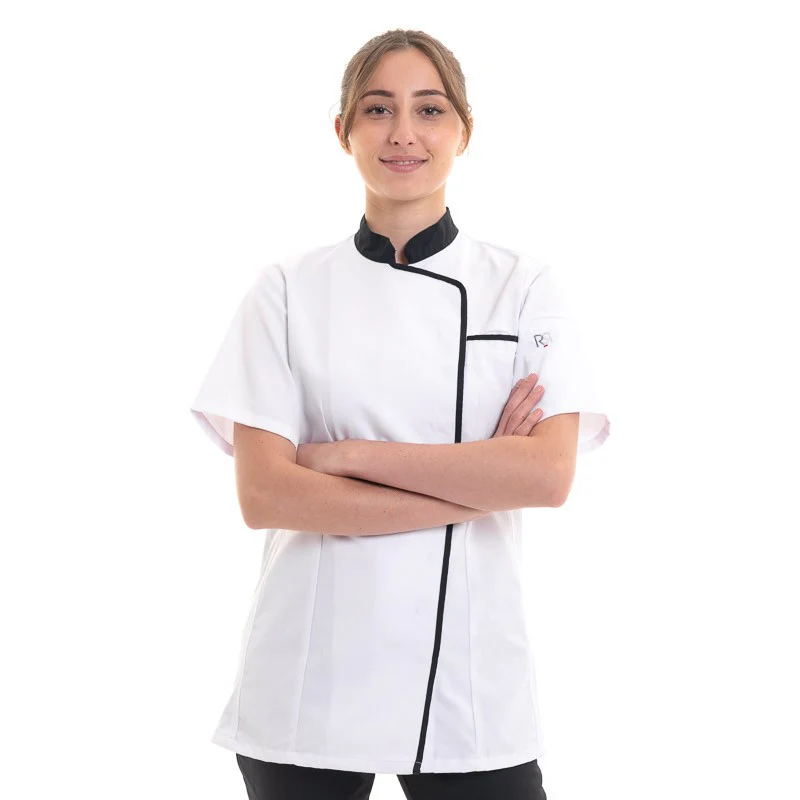 Veste de Cuisine Femme Manches Courtes Expression Banche Liseré Couleur - ROBUR - Image 4