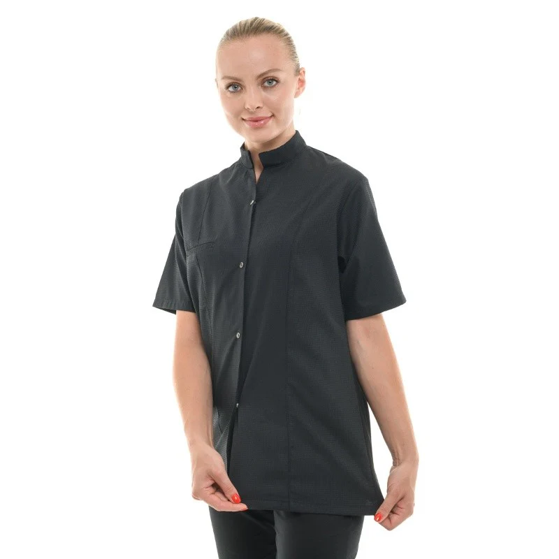 Veste de Cuisine Femme Gaufrée Malaga Manches Courtes Noire - MANELLI