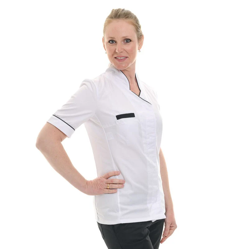 Veste de Cuisine Femme Manches Courtes Blanc Liseré Noir Katia - MANELLI - Image 2