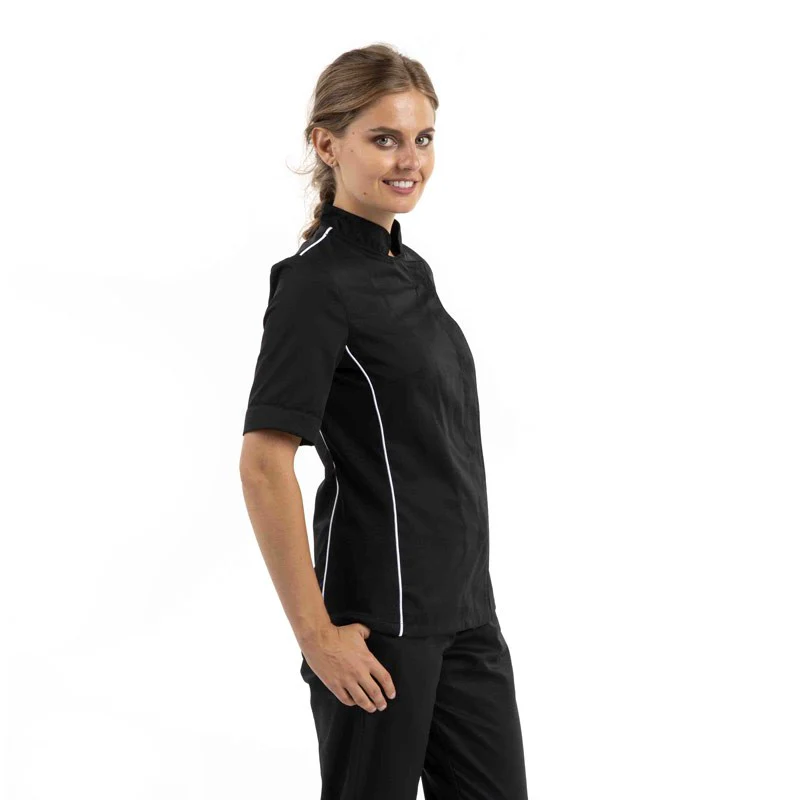 Veste de Cuisine Femme Noire Liseré Blanc Aération Côté Manches Courtes - MANELLI - Image 2