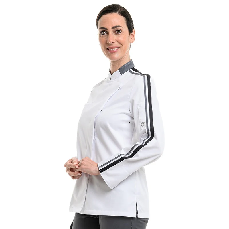 Veste de Cuisine Femme Manches Longues Blanche Liseré Noir GC Score   - MOLINEL - Image 2