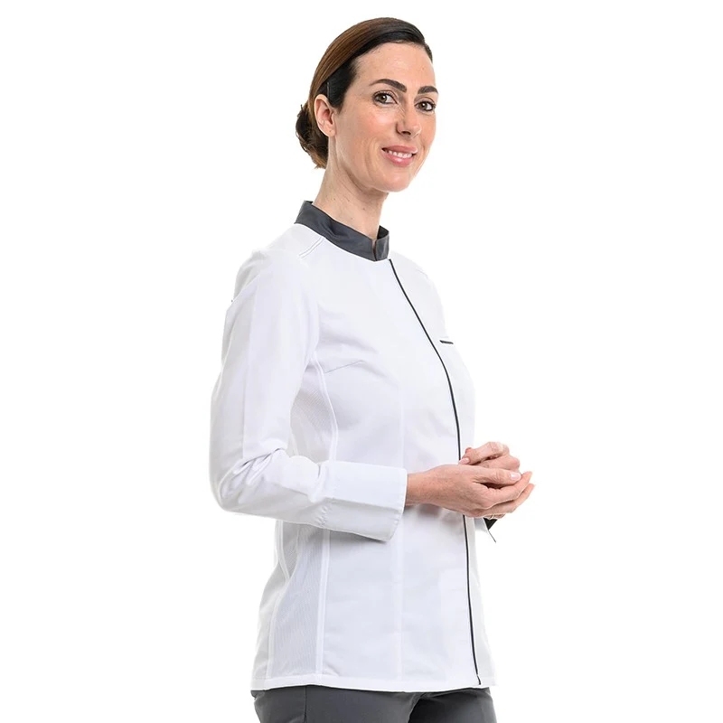 Veste de Cuisine Manches Longues Femme Elbax Blanche et Grise - ROBUR - Image 2