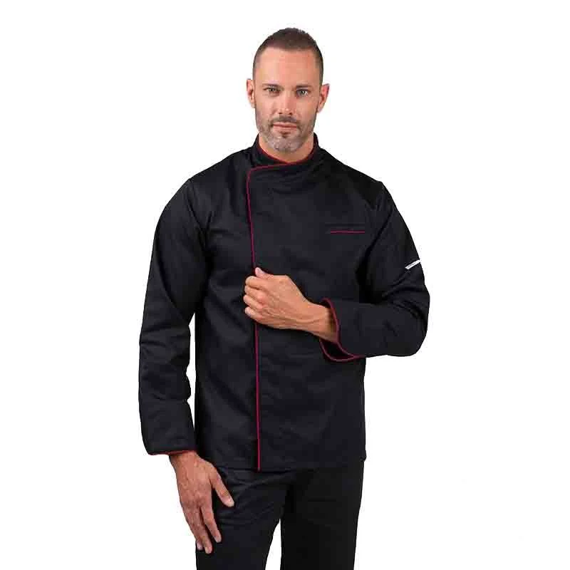 Veste de Cuisine Manches Courtes Noire Liseré Long Rouge - MANELLI - Image 4