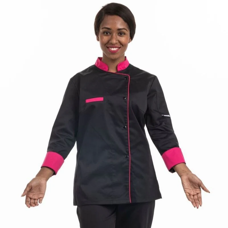 Veste de Cuisine Femme Noir Col Rose et Liseré Rose - MANELLI - Image 2