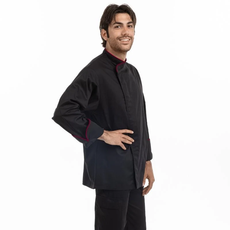 Veste de Cuisine Noire et Liseré Bordeaux - MANELLI - Image 3