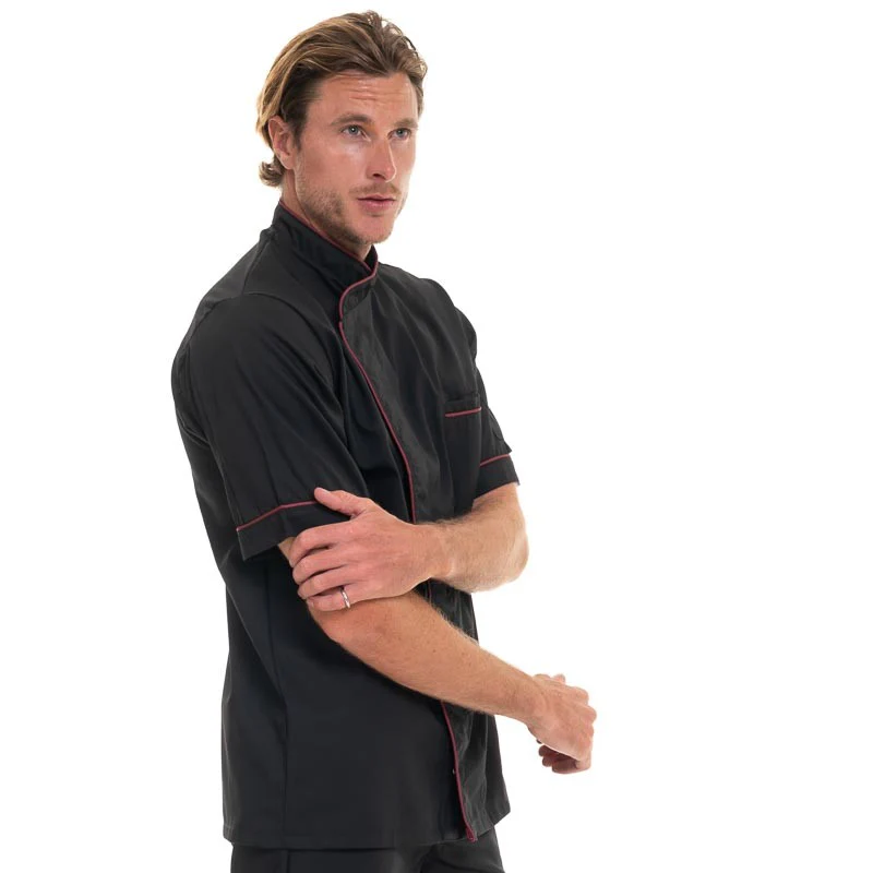 Veste de Cuisine Manches Courtes Noire Liseré Long Bordeaux - MANELLI - Image 3
