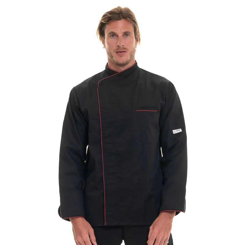 Veste de Cuisine Manches Courtes Noire Liseré Long Bordeaux - MANELLI - Image 7