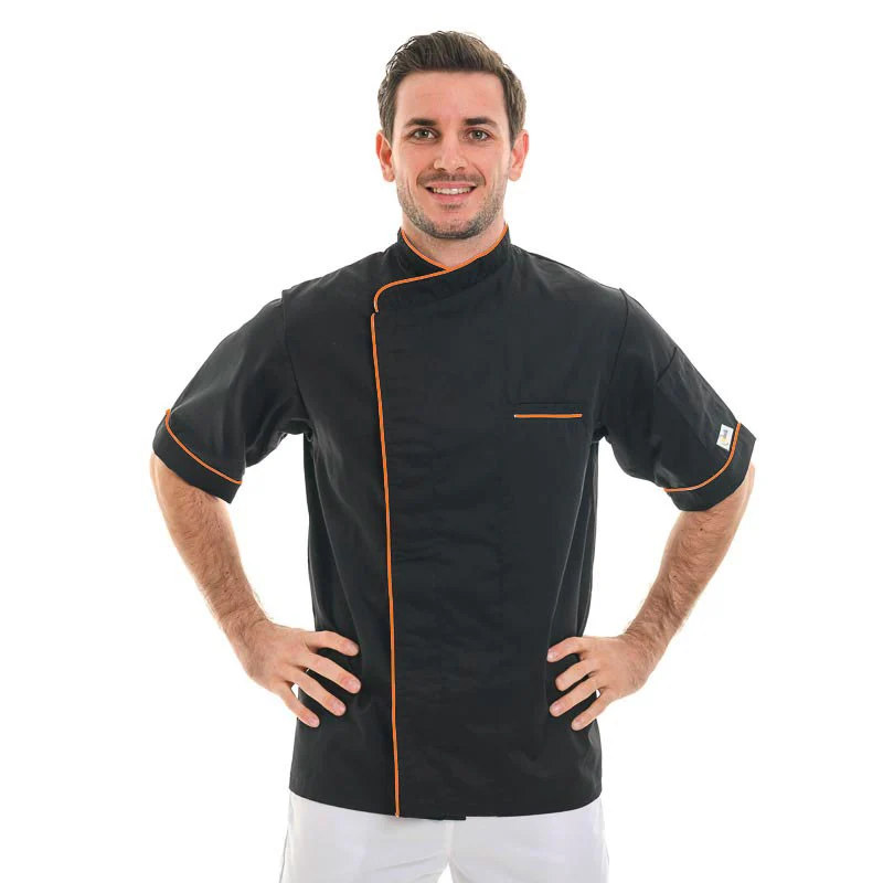 Veste de Cuisine Manches Courtes Noire Liseré Long Orange MC ou ML - MANELLI