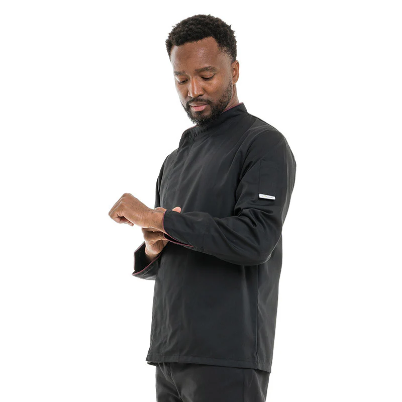 Veste de Cuisine Noire Liseré Bordeaux - MANELLI - Image 3
