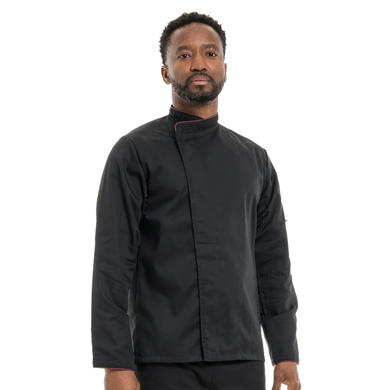 Veste de Cuisine Noire Liseré Bordeaux - MANELLI - Image 4